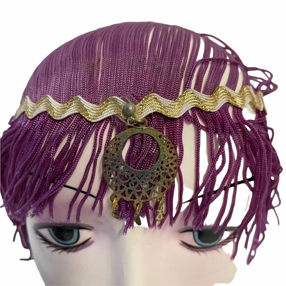 Vintage Porcelain Wall Mask with Purple Beaded Hair Gold Headband - Picture 2 of 4